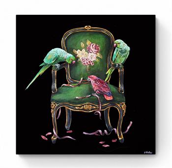 painting of green parrots perched on an antique chair