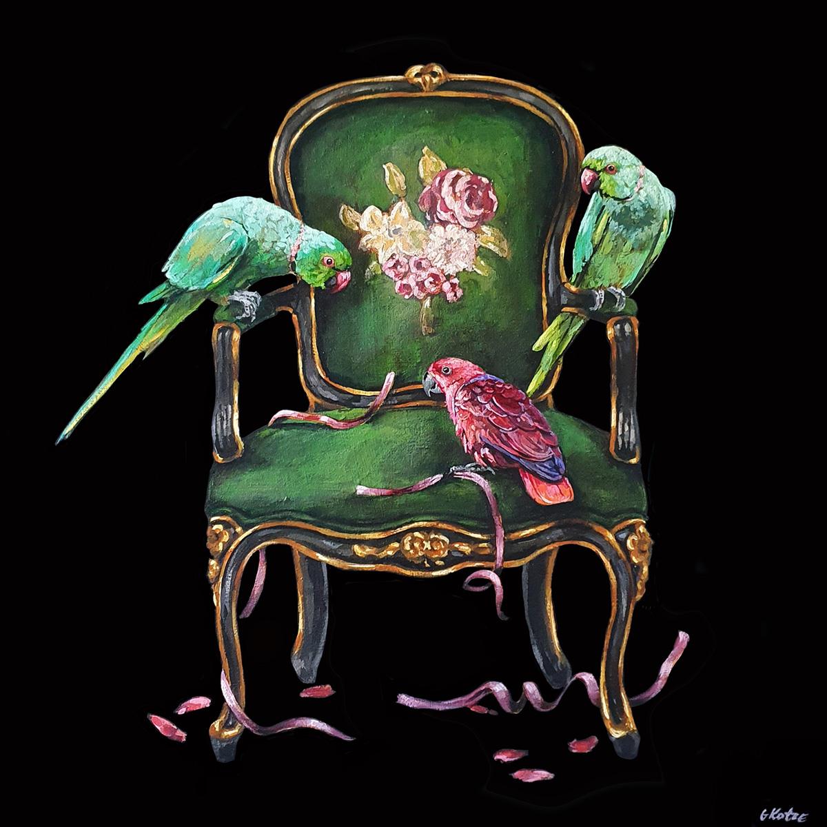 painting of green parrots perched on an antique chair