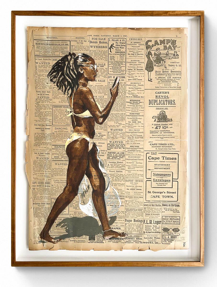 painting on newspaper of a girl in a bikini on Camps Bay beach