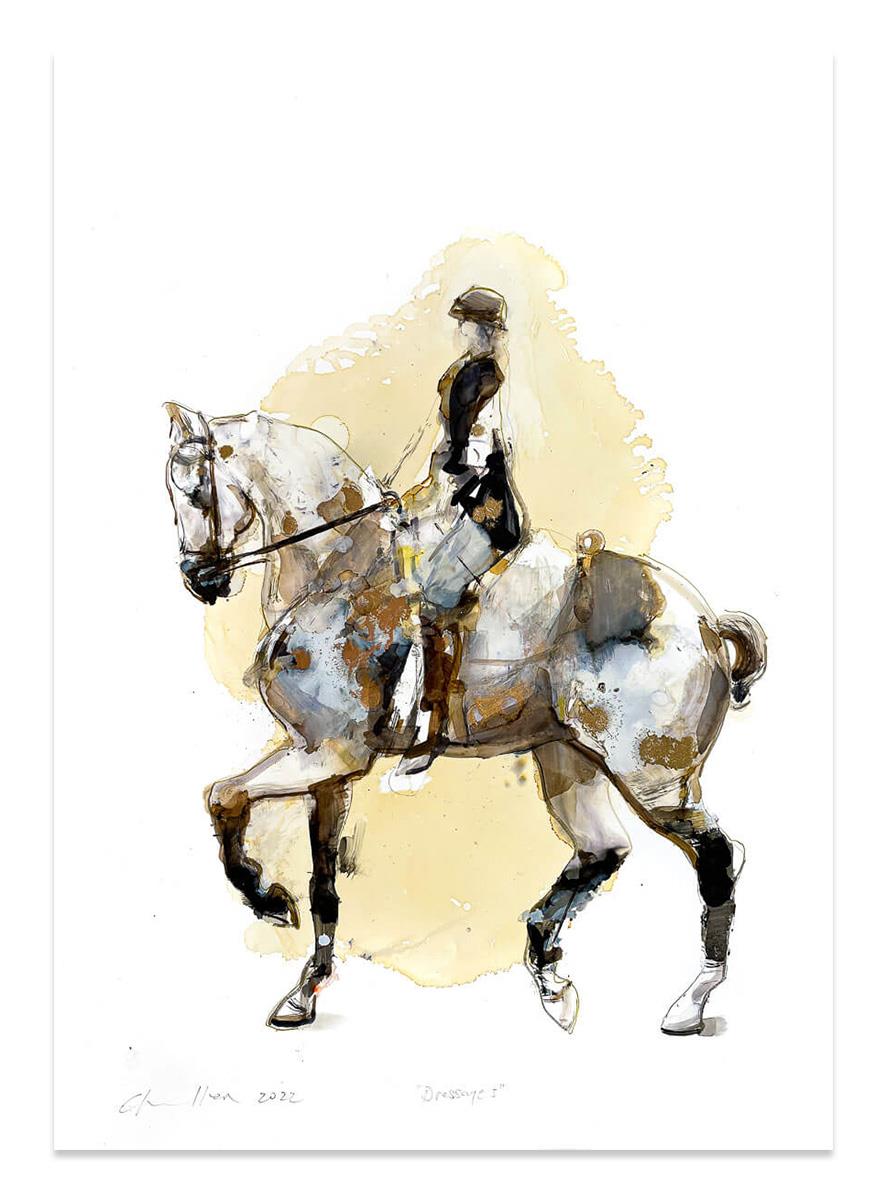 painting ink on paper of a horse and rider by Pascale Chandler