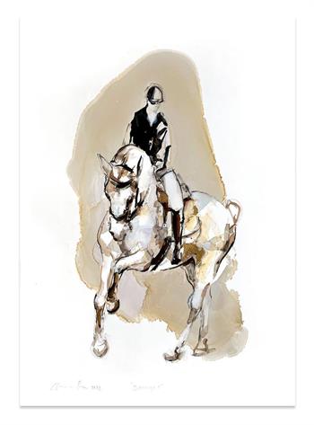 Ink on paper painting of a horse and rider competing in Dressage