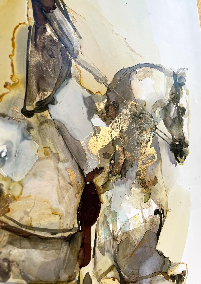 painting on paper of a show horse and rider by Pascale Chandler