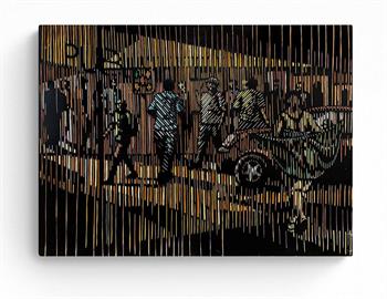 carved woodcut artwork of people at Cape Town Station by Zolani Siphungela
