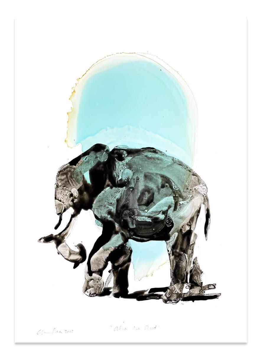 small painting in ink on paper of an elephant by Pascale Chandler