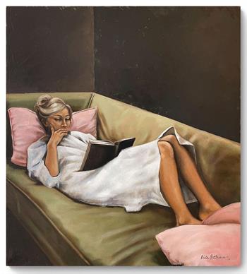 painting on canvas of a woman lying on a sofa reading a book