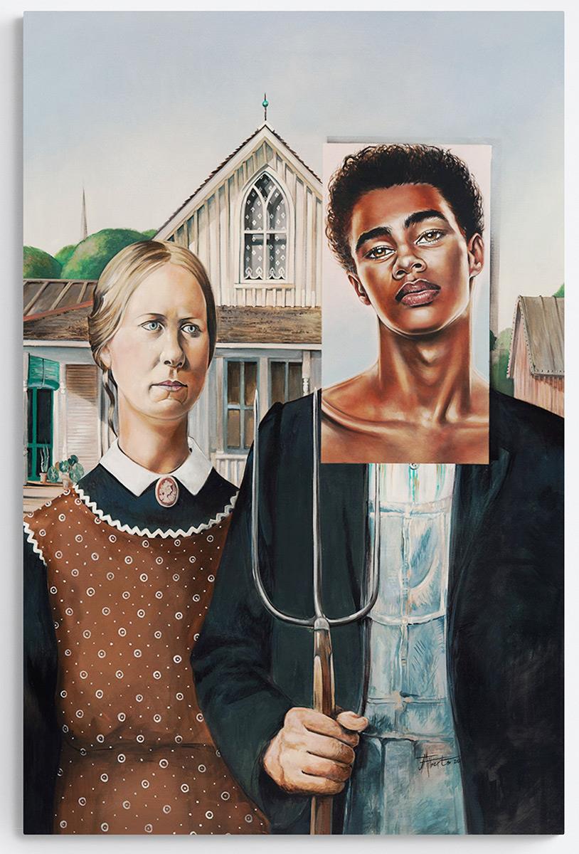 painting on canvas inspired by the work American Gothic by Grant Wood