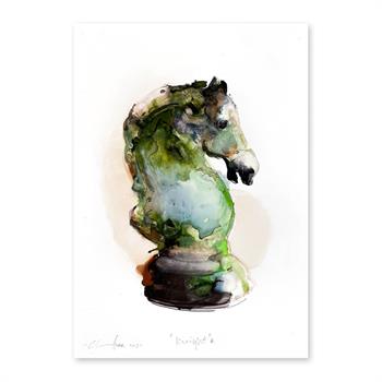 small ink painting of the chess piece titled Knight in green
