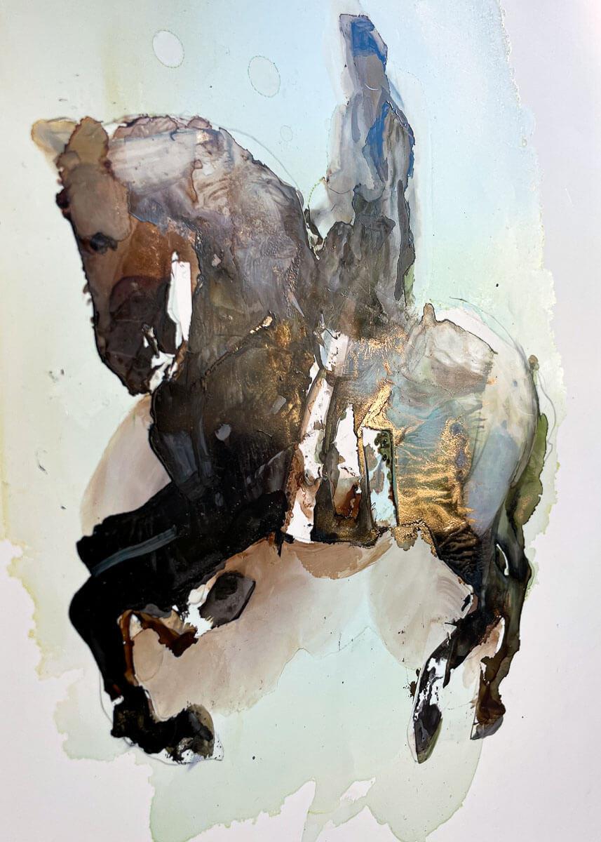 painting on Yupo of a horse and rider at a dressage event