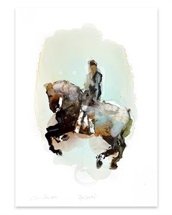 painting on Yupo of a horse and rider at a dressage event