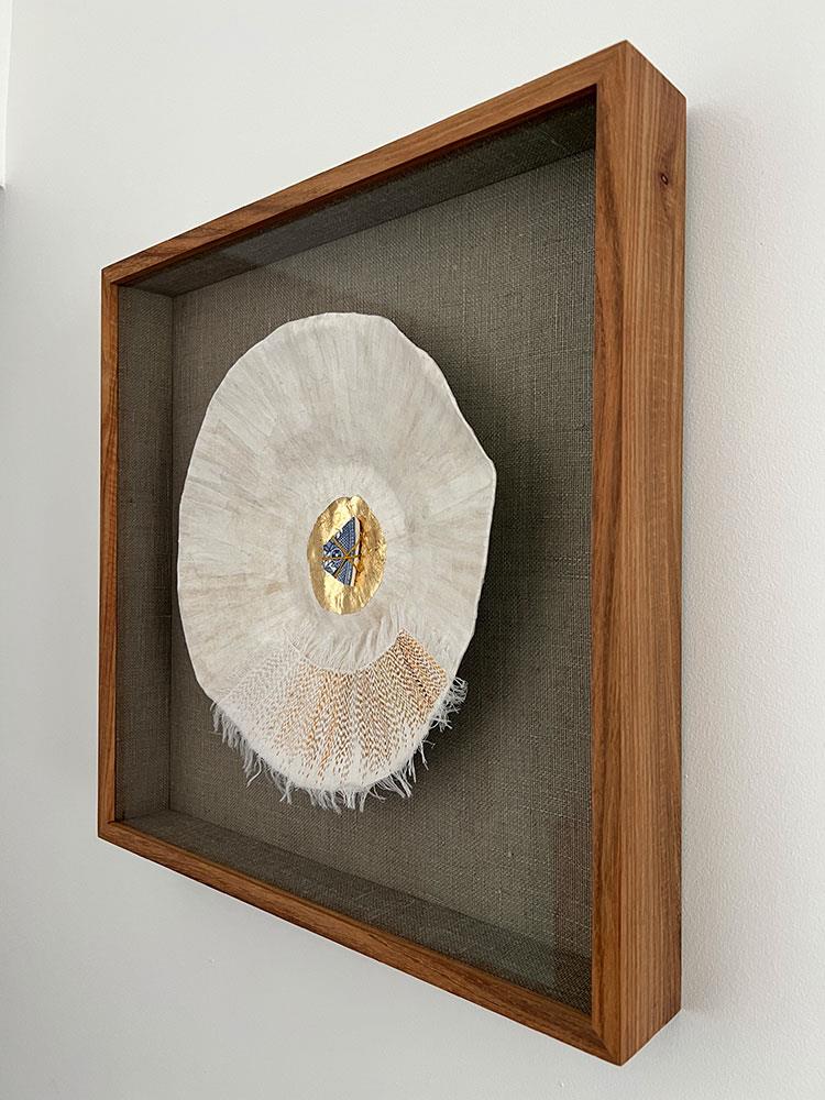 framed mixed media assemblage artwork with gold leaf