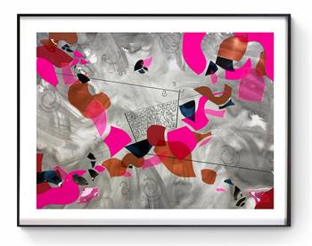 framed abstract assemblage artwork in pink and grey