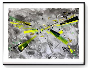 Framed artwork made with ink, pins and xray pieces