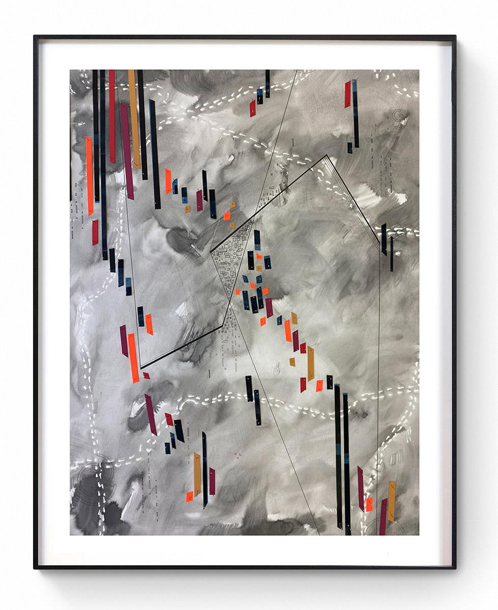 framed abstract assemblage artwork in grey with slivers of orange colour