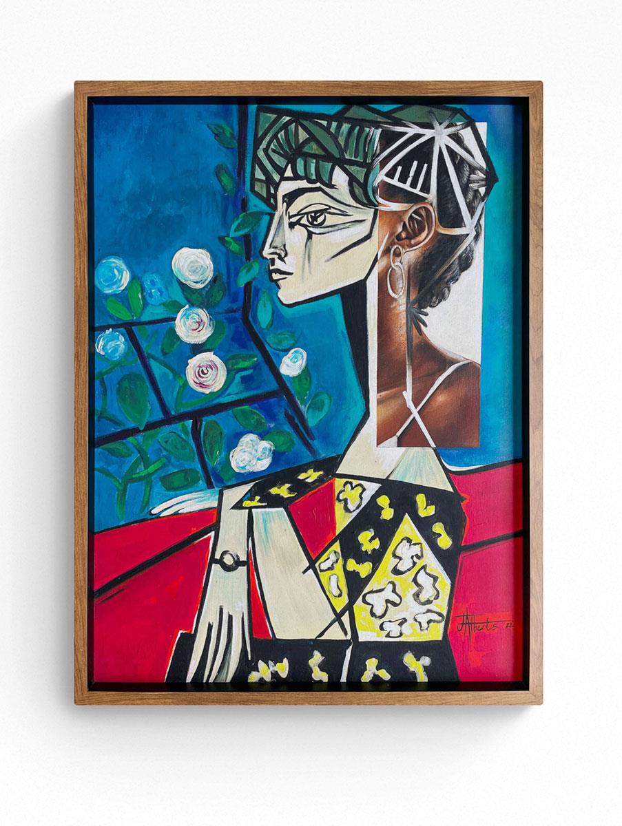 painting of a woman with flowers inspired by Picasso
