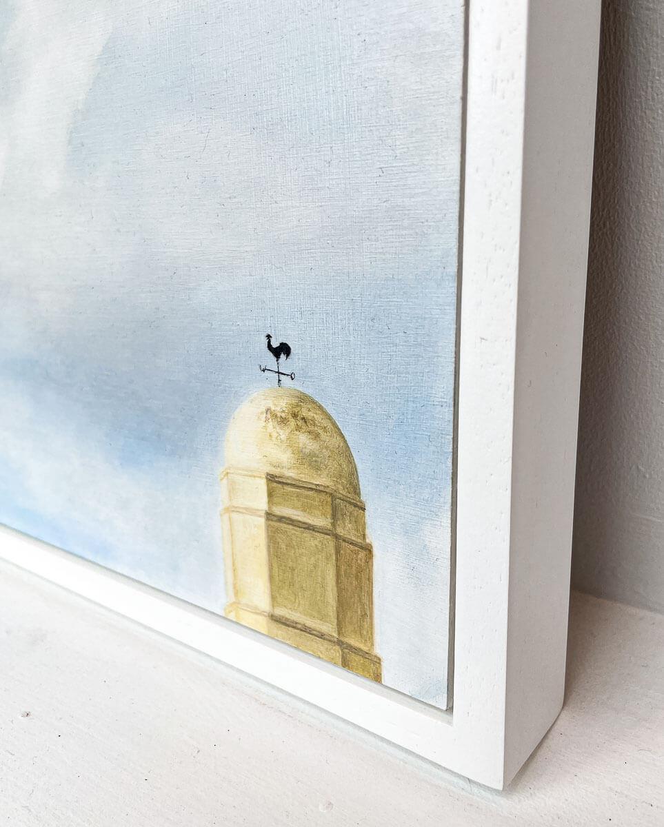 realism painting of a weather vane on a roof top