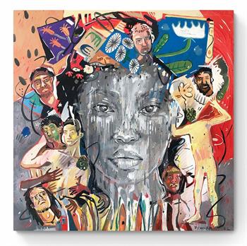 portrait of an African woman surrounded by peoples faces