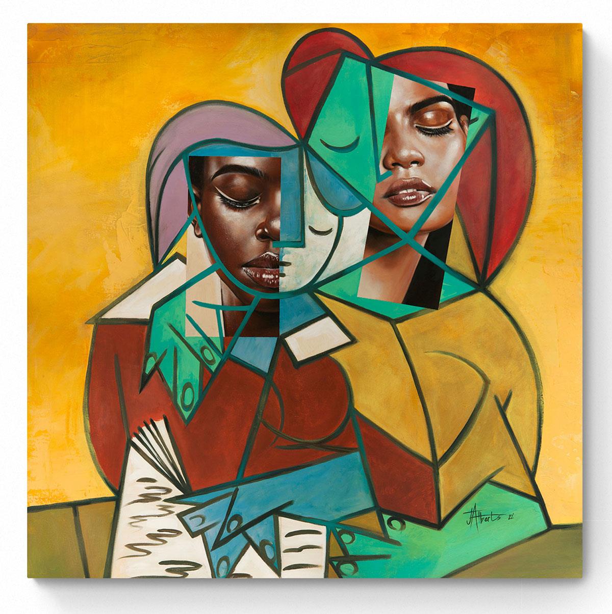 painting in a cubism style of two women reading
