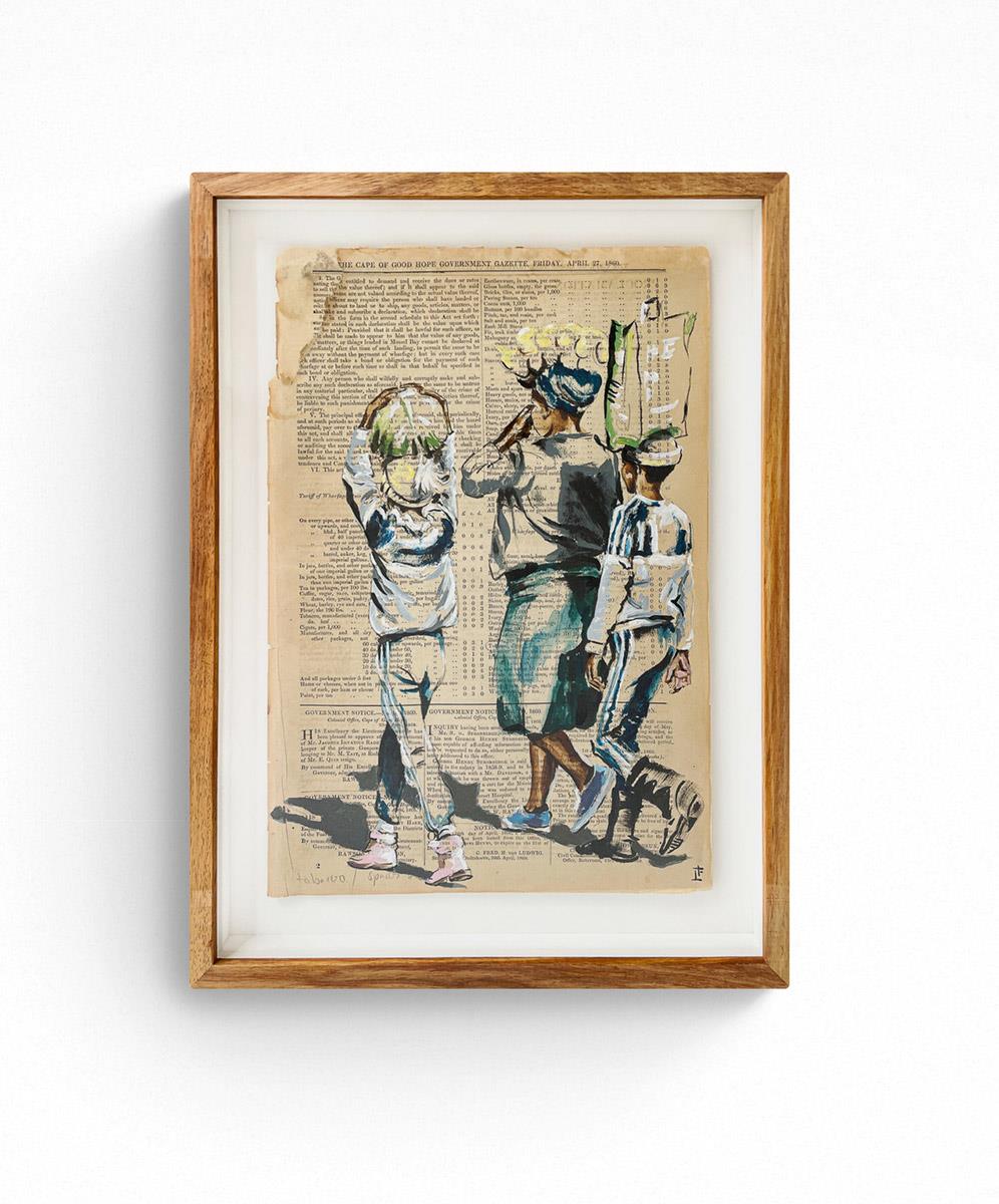 framed painting on newspaper of an African family carrying shopping