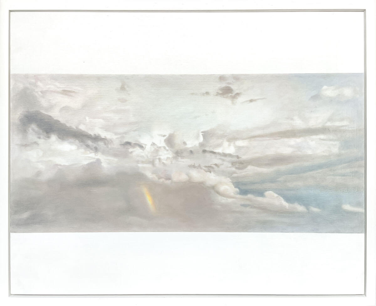 oil painting of a sliver of rainbow in a cloud filled sky