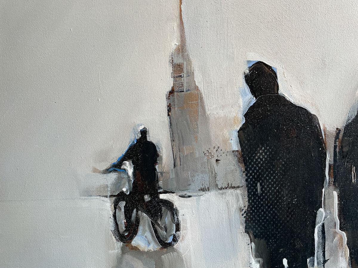 impressionist painting of people walking and bicycle riding