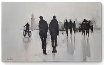 impressionist painting of people walking and bicycle riding