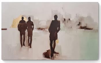 impressionist painting of people walking with cityscape in the distance