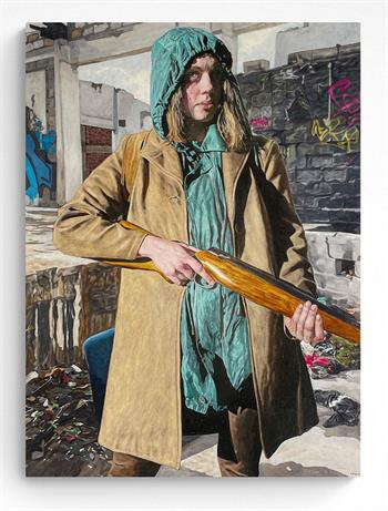 photorealism oil painting of a young woman holding a rifle