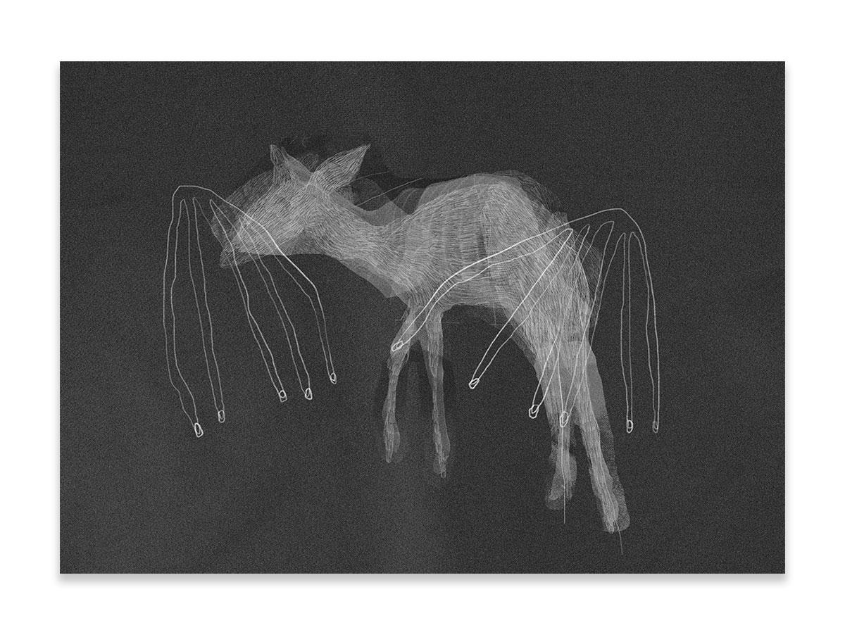 black and white digital artwork of a rock art style antelope
