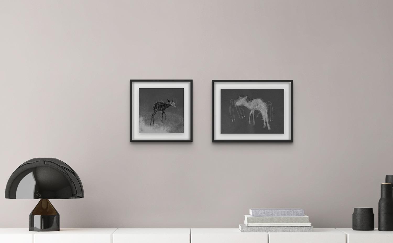 digital art print in black and white of a lone antelope