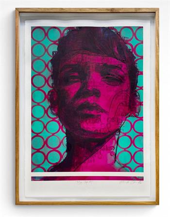 street art style portrait painting in pink and green by Claude Chandler
