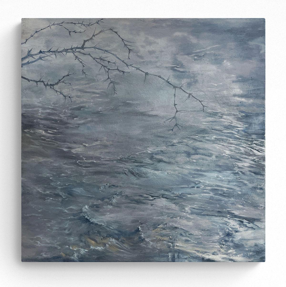 oil painting on canvas of twigs overhanging tranquil water