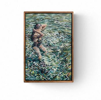 small framed painting of a young woman swimming