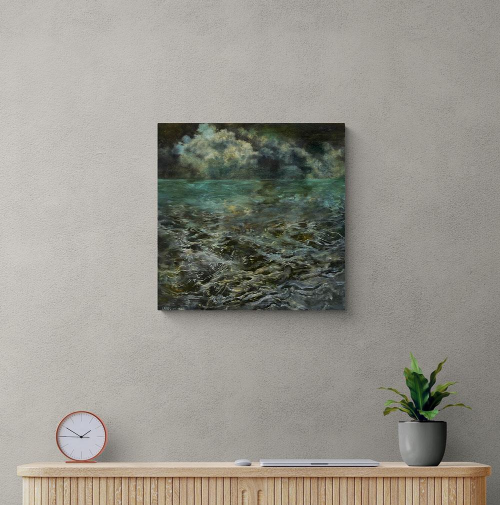 painting of tumultuous water and clouds in the sky