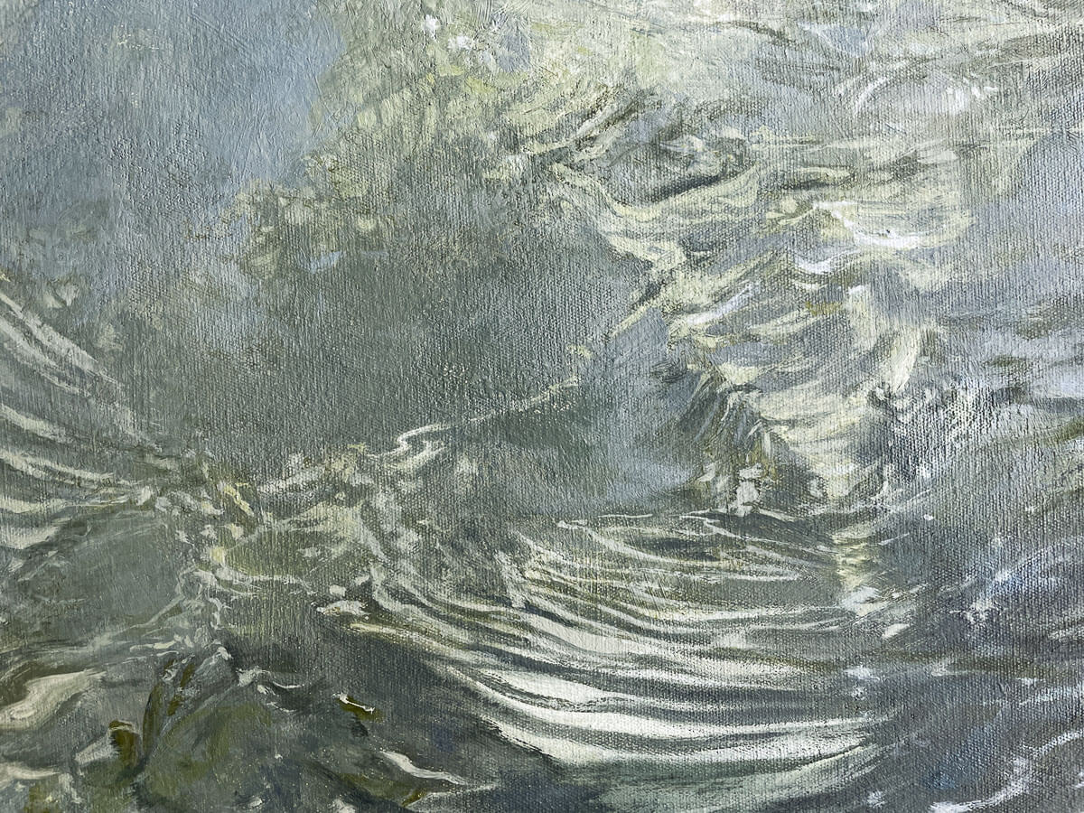 oil painting is shades of green of movement on water