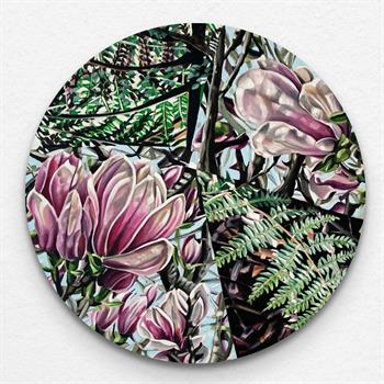 round flower painting on canvas in pink and green