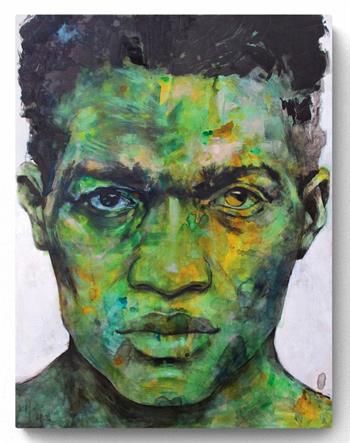 portrait painting of a young man in green