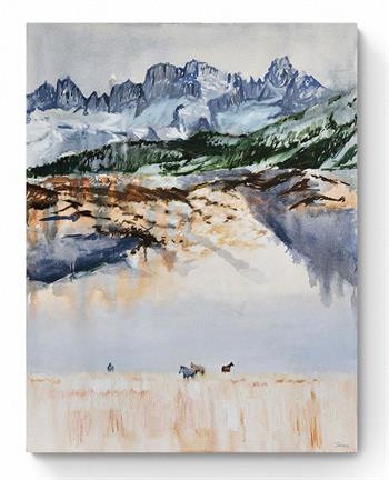 landscape painting with mountains and horses