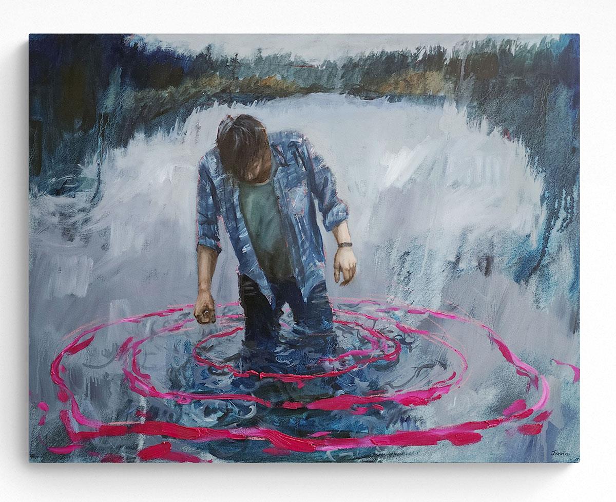 painting of a young man looking down into water