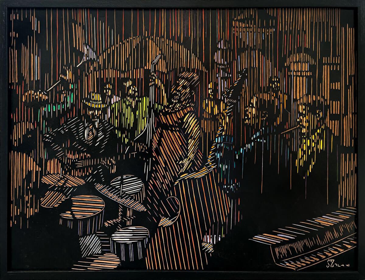 handcarved woodcut artwork of jazz musicians by Zolani Siphungela