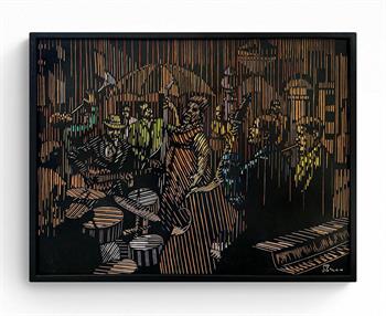 handcarved woodcut artwork of jazz musicians by Zolani Siphungela