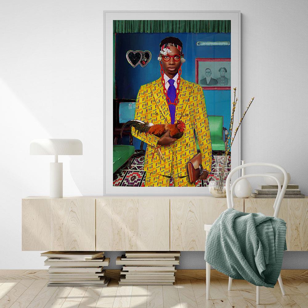 digital painting of a man wearing a yellow suit with a rooster under his arm