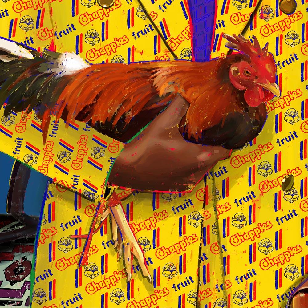 digital painting of a man wearing a yellow suit with a rooster under his arm