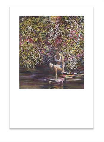 framed painting on paper of a young woman swimming in a river