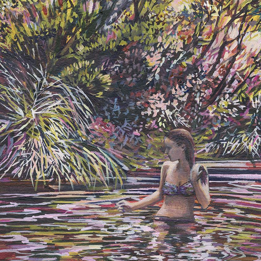 oil painting on paper of a young woman swimming