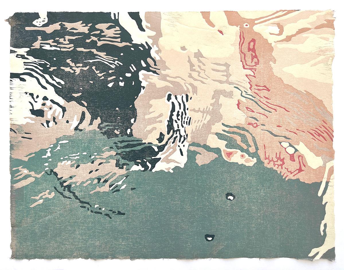 abstract waterscape woodblock print on paper