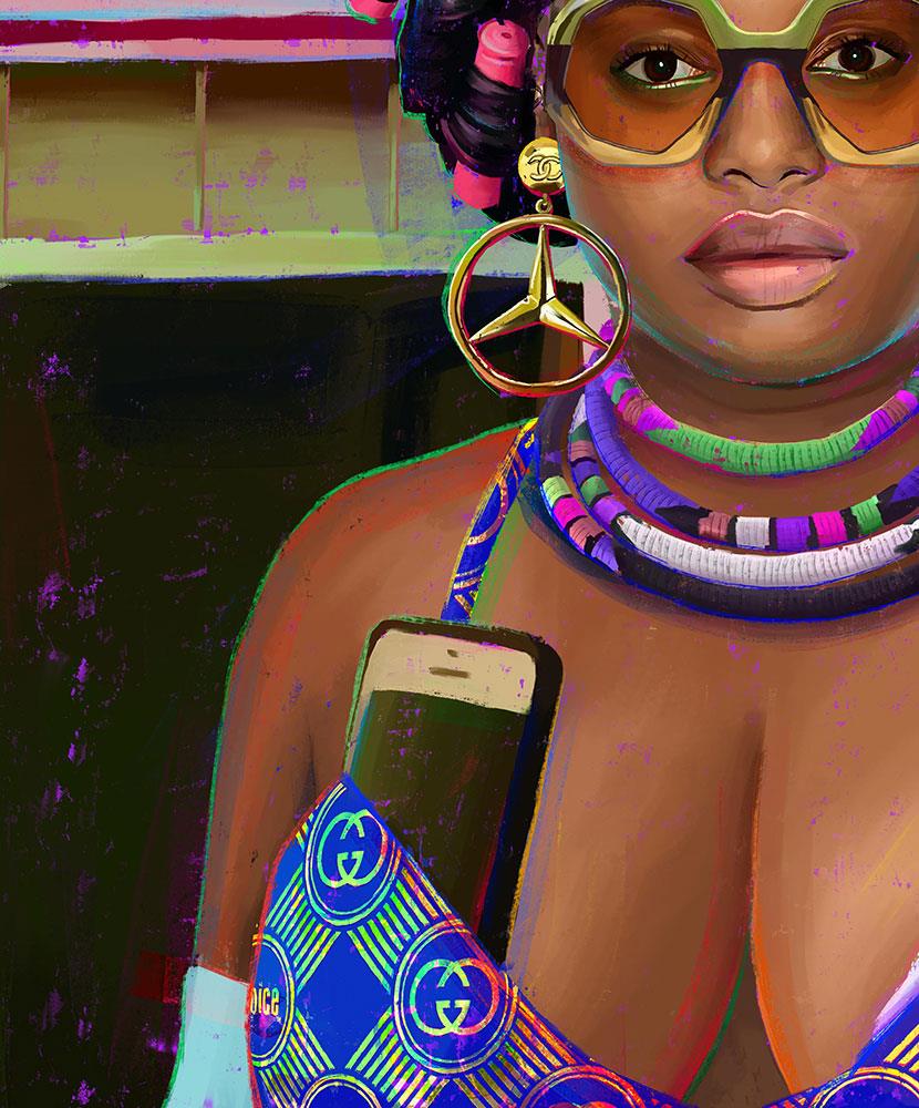 digital painting of an African woman in a patterned dress and long gloves