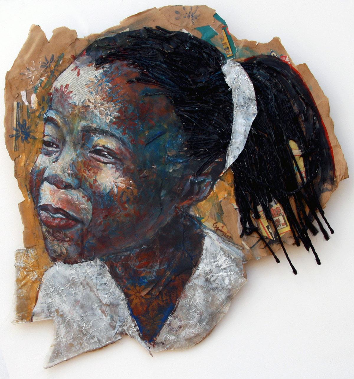 collage artwork of an African girl with braids, smiling joyfully