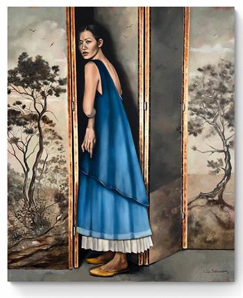 painting of a beautiful woman in a blue dress in front of a chinese screen