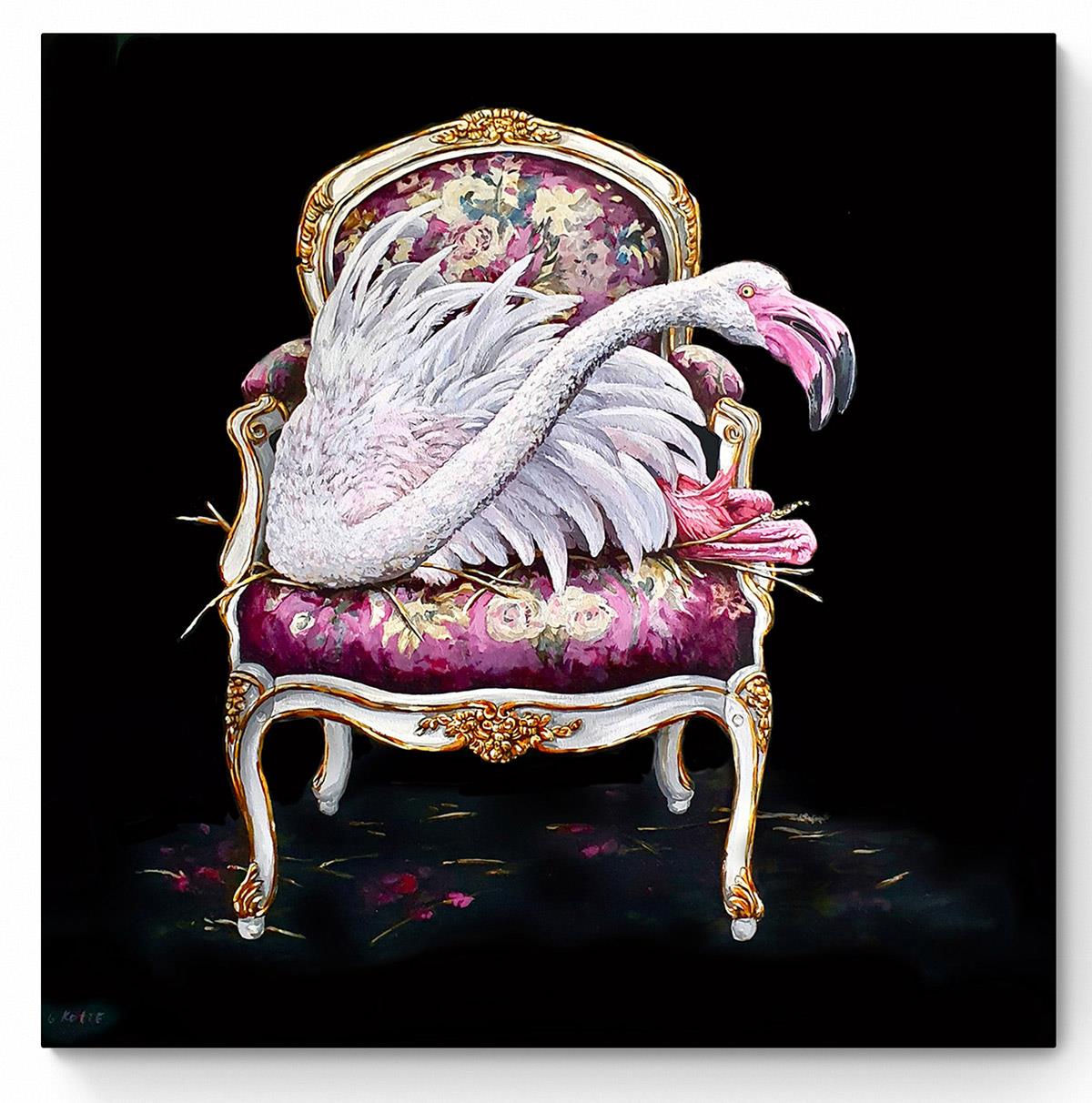 large painting of a flamingo perched on an antique chair