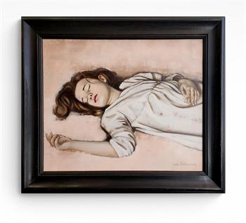 framed painting of a young girl asleep with a string bow around her finger